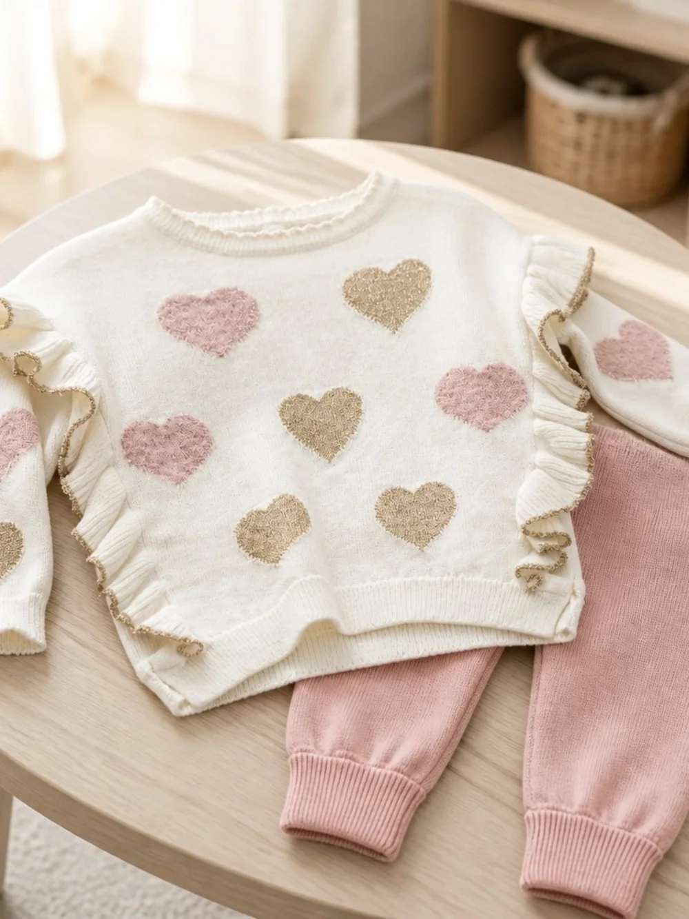 Cozy Heart Knit Kids Matching Set - Cream & Blush